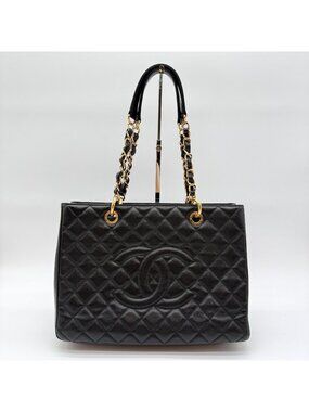 Chanel Caviar Leather Chain Tote Bag Big CC Logo Black